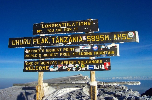 Uhuru Peak, the highest point on Mount Kilimanjaro