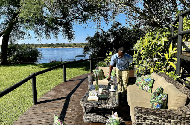Lush green gardens grace the hotels along the river, Waterberry lodge
