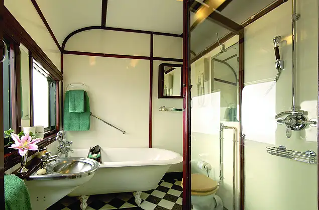 En suite bathroom aboard Rovos Rail