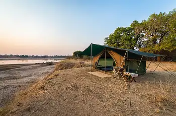 Mobile camp set up on the banks overlooking the Luangwa River