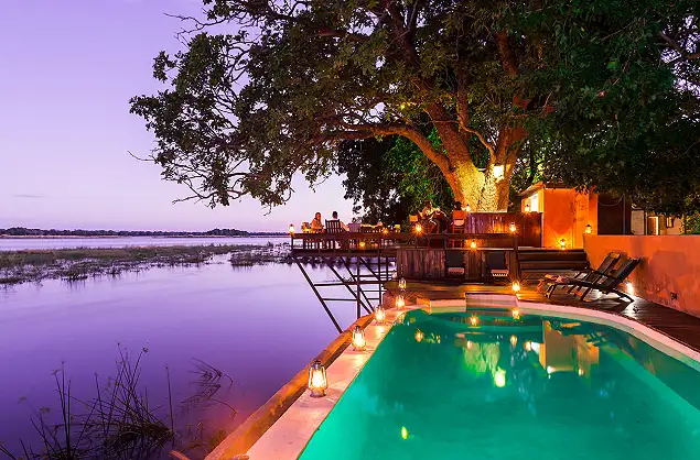 Pool area at Royal Zambezi Lodge overlooking the Zambezi River