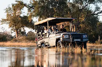 Game drive at Little Vumbura doing a water crossing