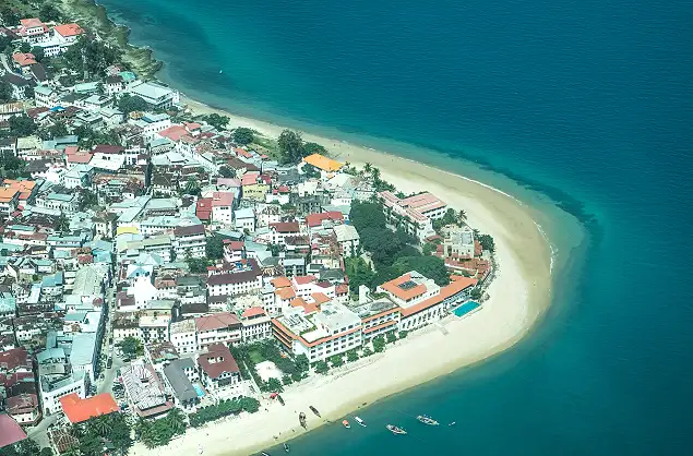 Aerial view of Stone Town and the Zanzibar beach