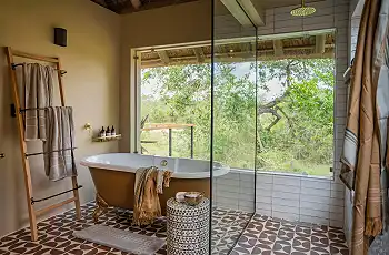 Bathtub overlooking the bush at Thornbush Game Lodge, South Africa