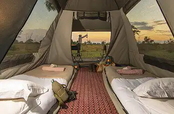 Cozy tent set up at Kweene Trails