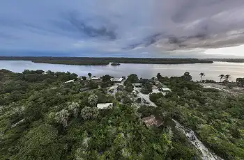 Aerial view of Sette Cama Camp overlooking the Ndogo Estuary