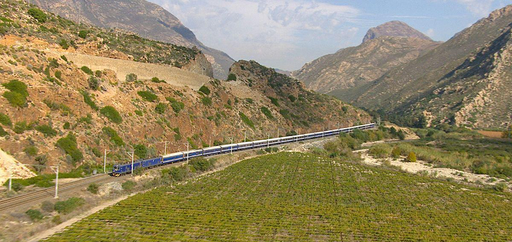 Blue Train passing through the mountains near the Cape, South Africa