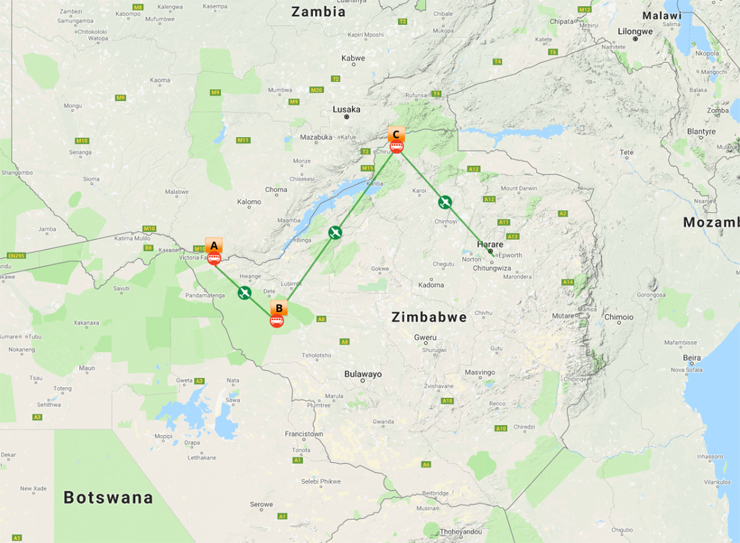 Map Overview - 10 Day Zimbabwe Safari & Victoria Falls